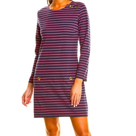 Sail to Sable Dresses & Skirts - Sail to Sable Women’s M Pink/Blue Striped Long-Sleeved Ponte Pocket Mini Dress